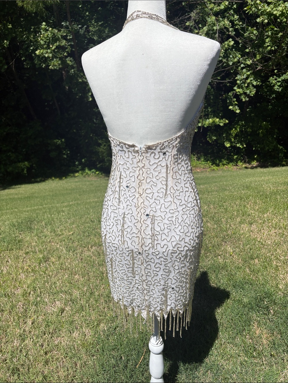 Vintage White Silk Beaded Halter Cocktail Dress Size 6 - Picture 6 of 15